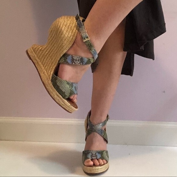 Paloma Barceló 9 Wedge Espadrille Sandals Snakeskin Braided Jute Sculpted Heel - Picture 1 of 16